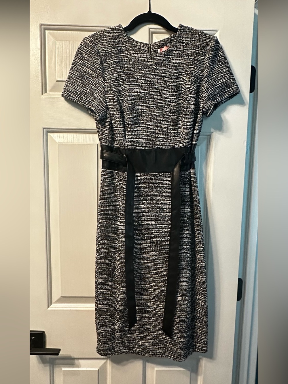 Calvin Klein Black & White Textured Belted Midi Dress